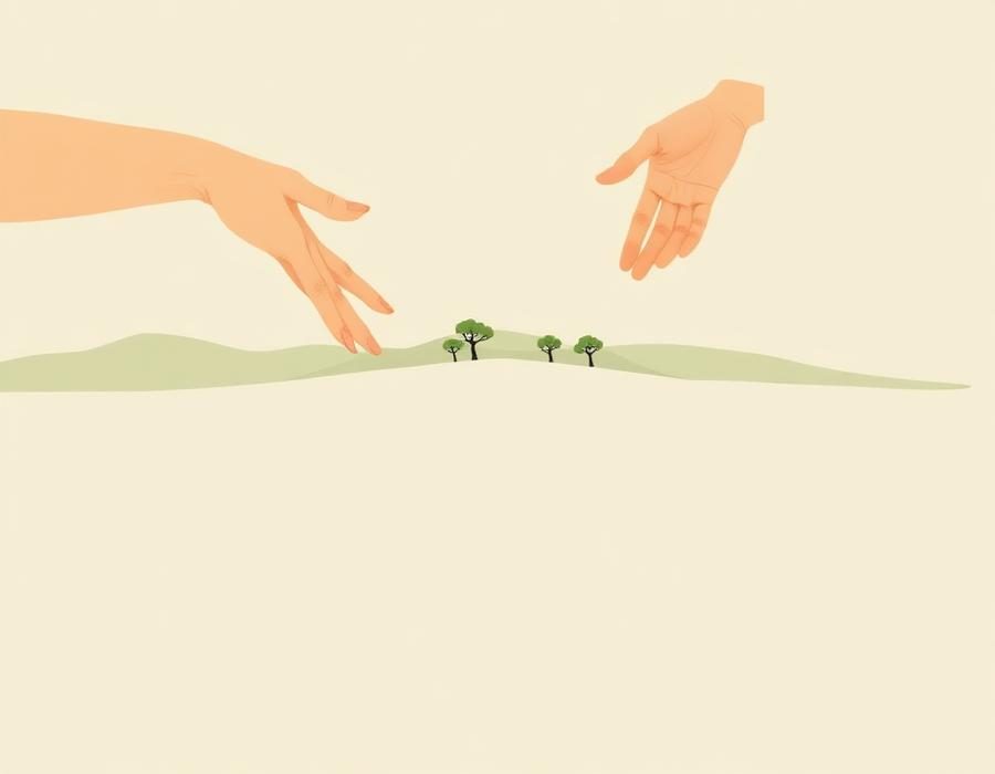 Illustration of two hands meeting across a border line on a map