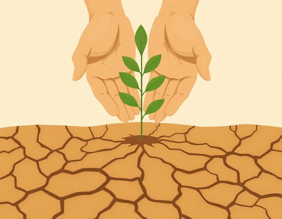 Illustration of cupped hands sheltering a young sapling
