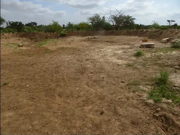 Cleared and levelled catchment floor edged by shrubs after excavation