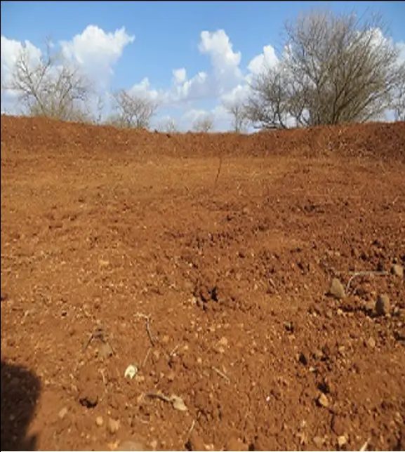 Freshly turned red earth basin with a raised rim under a bright blue sky