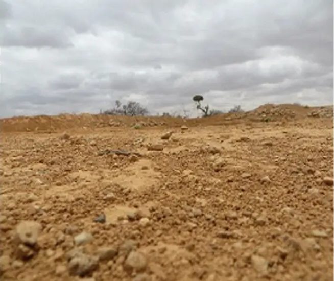 Stony, sun-baked ground under heavy grey cloud before excavation begins